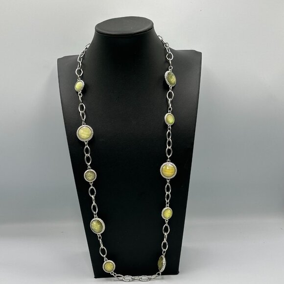 Charming Charlie Necklace Silver Tone Green Yellow Faceted Gem Link Chain 30" - Picture 5 of 9